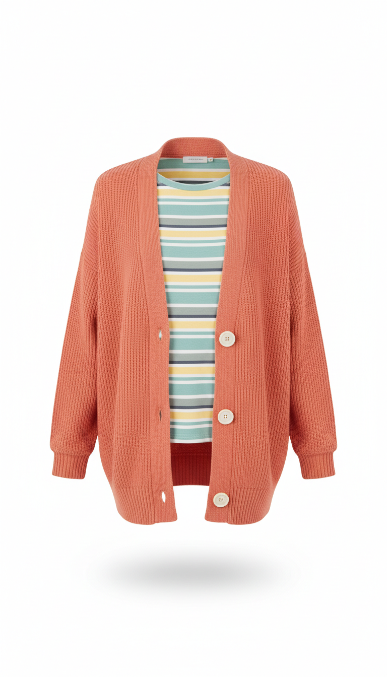 Playful Coral Cardigan & Striped Tee
